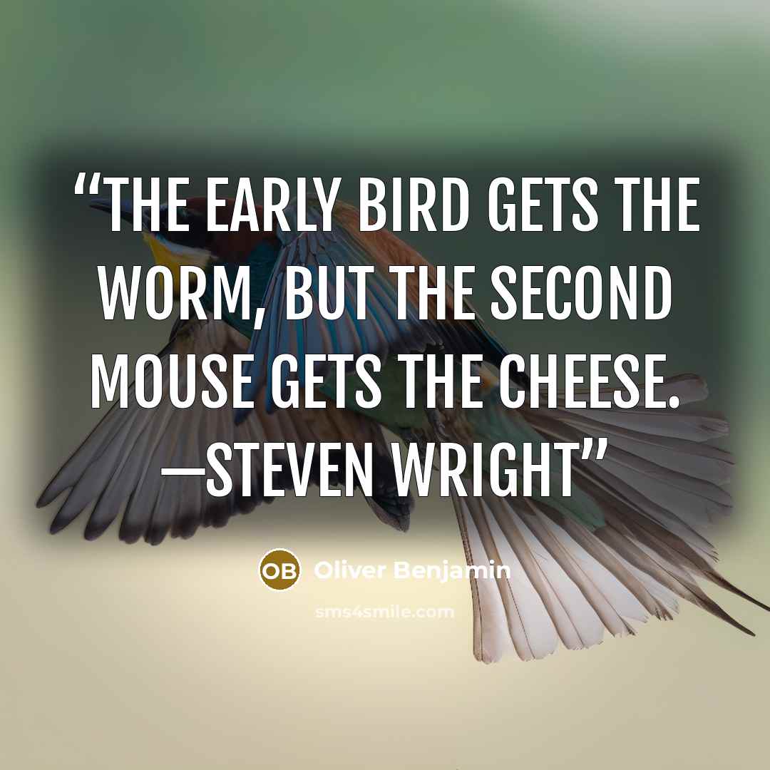 “The early bird gets the worm, but the second mouse gets the cheese. —Steven Wright” quote by Oliver Benjamin