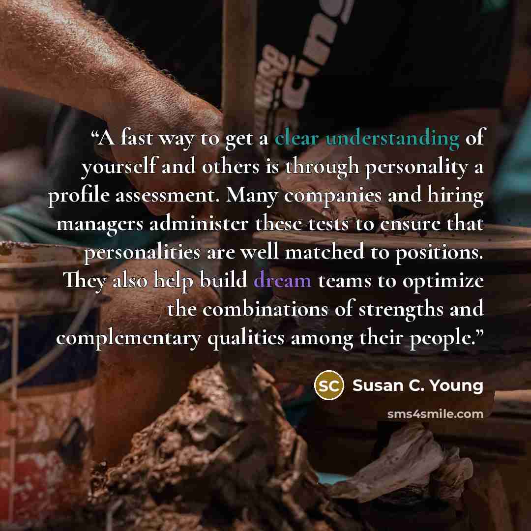 “A fast way to get a clear understanding of yourself and others is through personality a profile assessment. Many companies and hiring managers administer these tests to ensure that personalities are well matched to positions. They also help build dream teams to optimize the combinations of…” quote by Susan C. Young