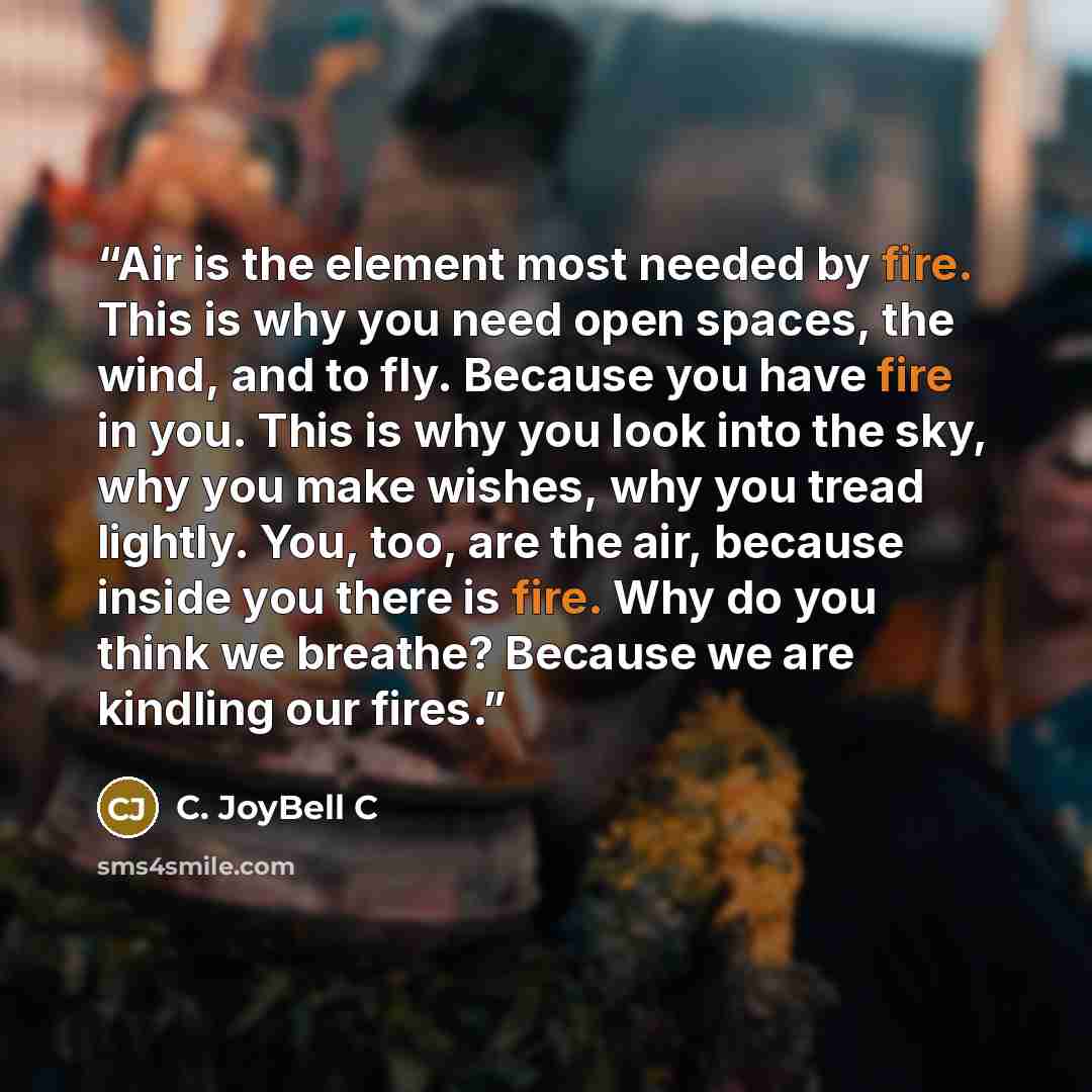 “Air is the element most needed by fire. This is why you need open spaces, the wind, and to fly. Because you have fire in you. This is why you look into the sky, why you make wishes, why you tread lightly. You, too, are the air, because inside you there is fire. Why do you think we breathe? Because…” quote by C. JoyBell C