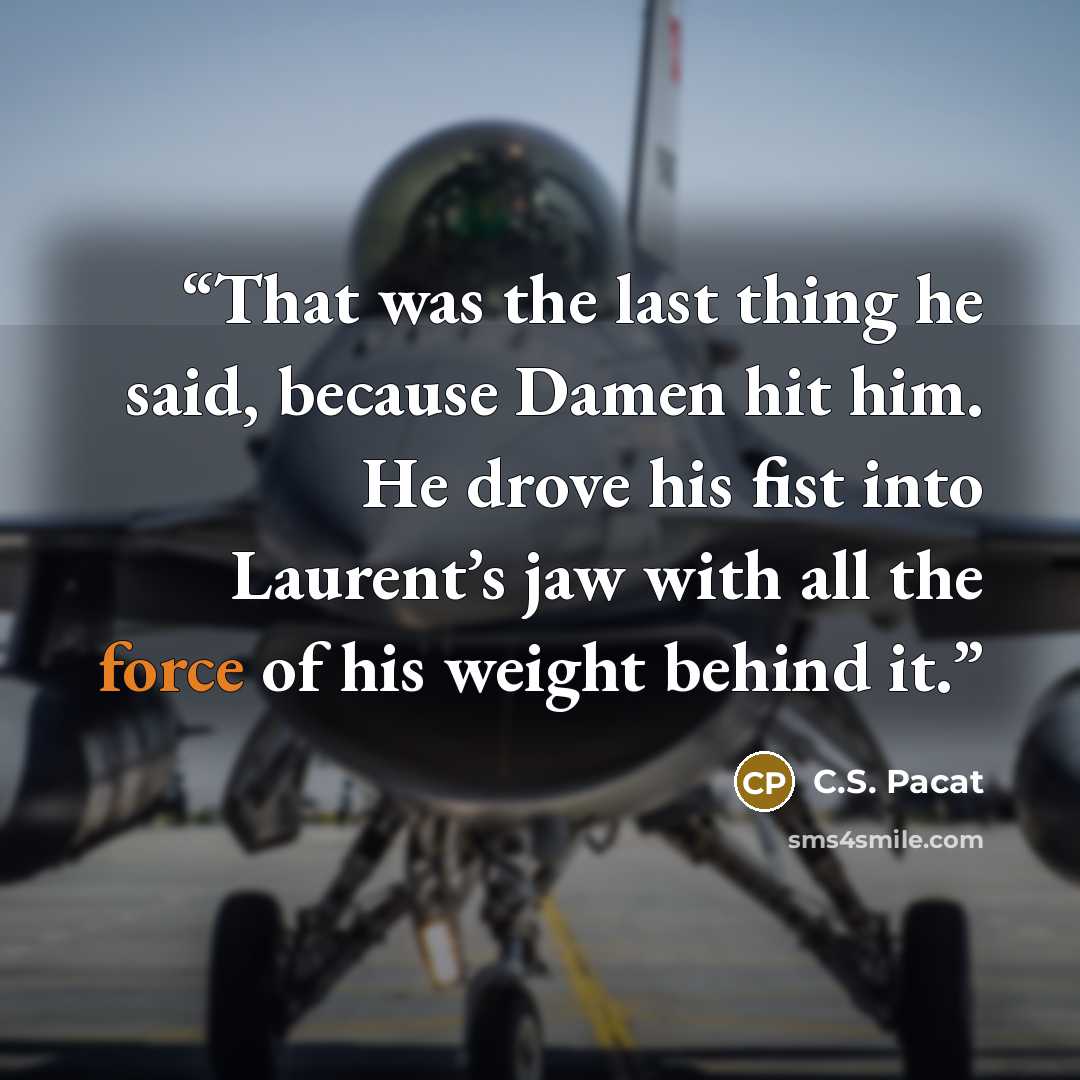 “That was the last thing he said, because Damen hit him. He drove his fist into Laurent’s jaw with all the force of his weight behind it.” quote by C.S. Pacat