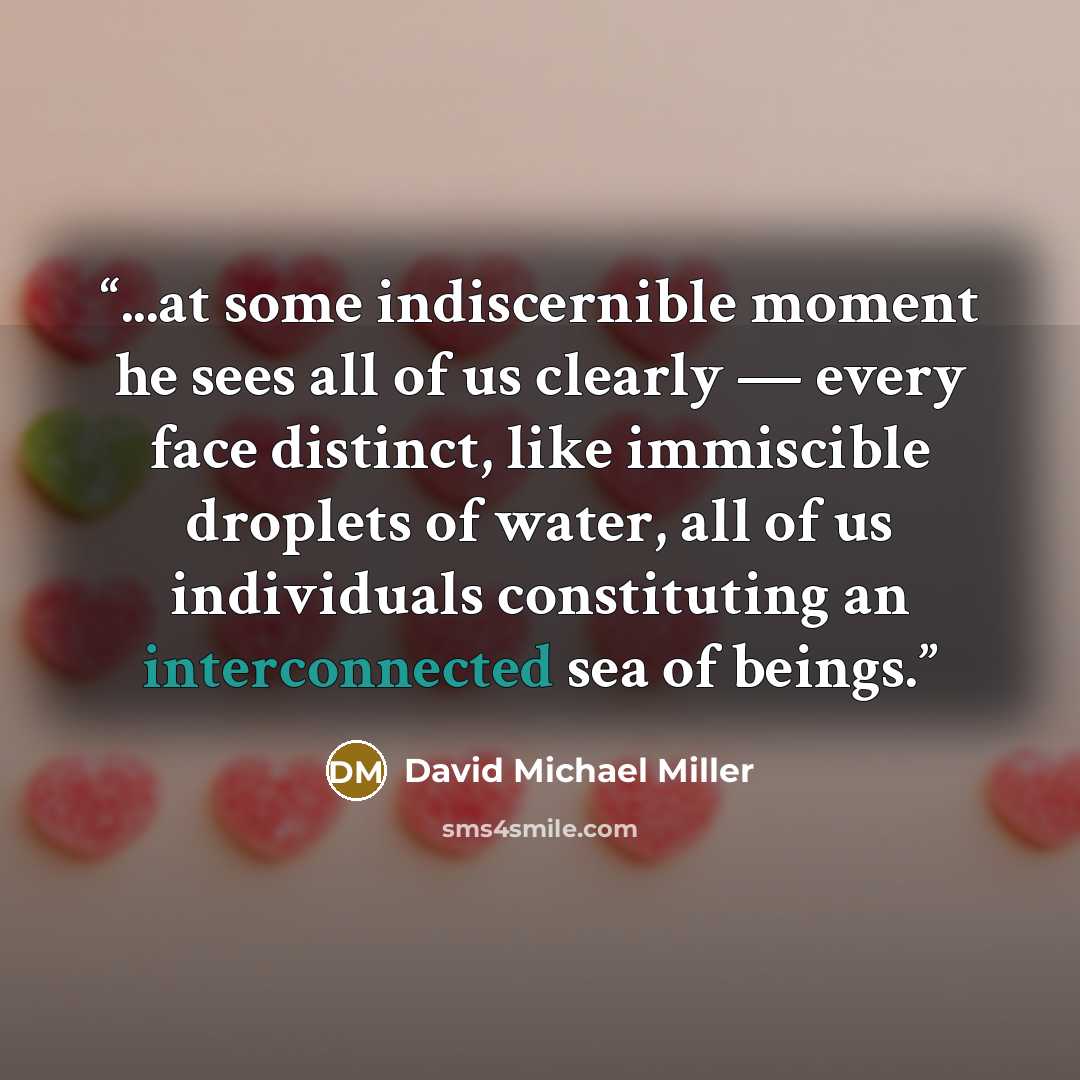 “...at some indiscernible moment he sees all of us clearly — every face distinct, like immiscible droplets of water, all of us individuals constituting an interconnected sea of beings.” quote by David Michael Miller