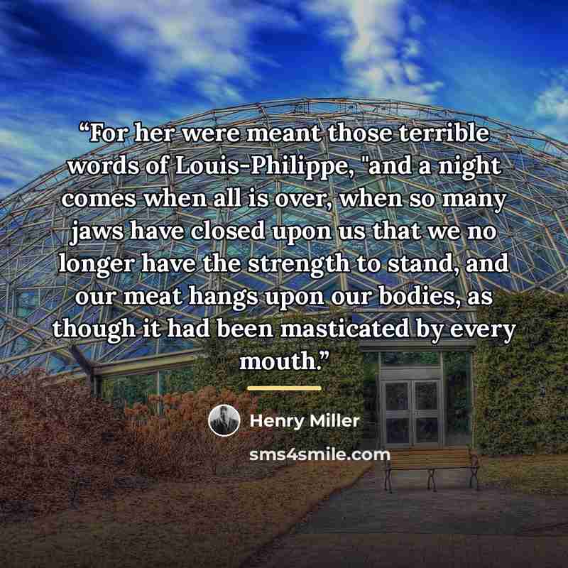 “For her were meant those terrible words of Louis-Philippe, "and a night comes when all is over, when so many jaws have closed upon us that we no longer have the strength to stand, and our meat hangs upon our bodies, as though it had been masticated by every mouth.” quote by Henry Miller