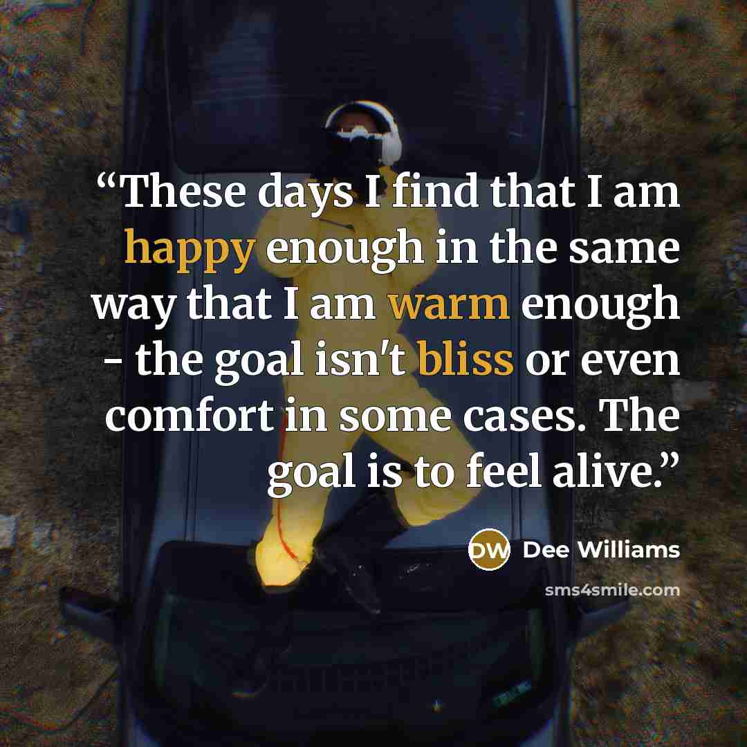 “These days I find that I am happy enough in the same way that I am warm enough - the goal isn't bliss or even comfort in some cases. The goal is to feel alive.” quote by Dee Williams