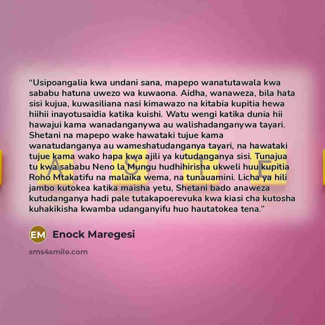 “Usipoangalia kwa undani sana, mapepo wanatutawala kwa sababu hatuna uwezo wa kuwaona. Aidha, wanaweza, bila hata sisi kujua, kuwasiliana nasi kimawazo na kitabia kupitia hewa hiihii inayotusaidia katika kuishi. Watu wengi katika dunia hii hawajui kama wanadanganywa au walishadanganywa tayari…” quote by Enock Maregesi