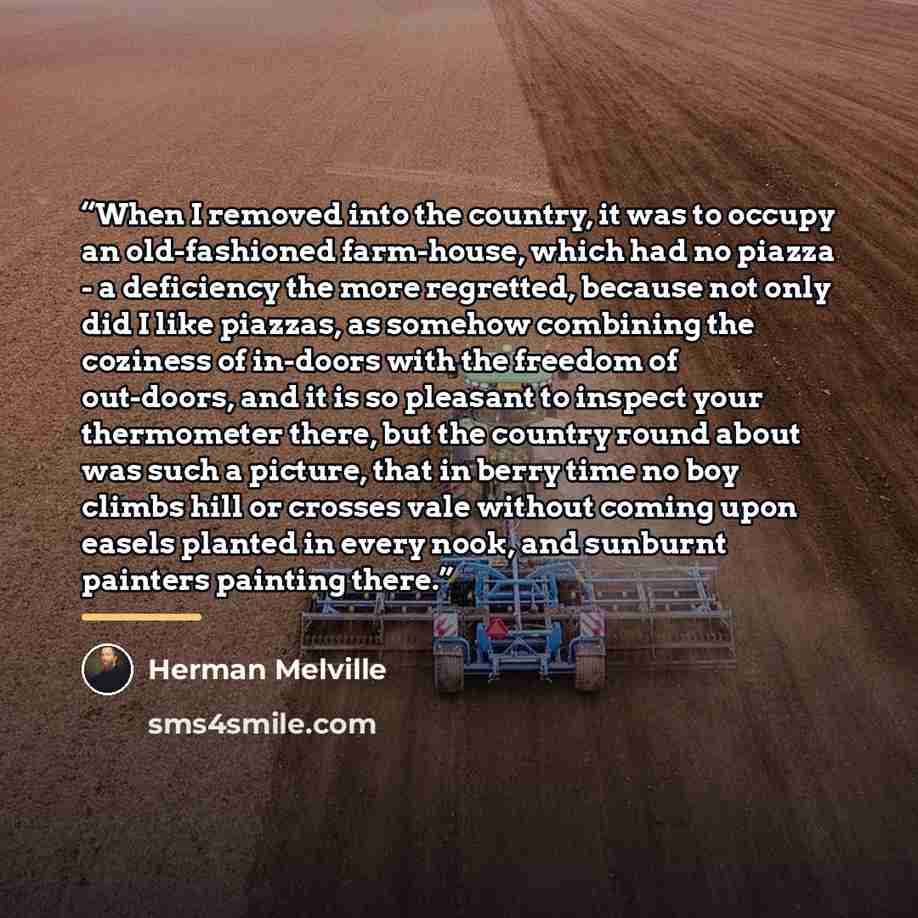 “When I removed into the country, it was to occupy an old-fashioned farm-house, which had no piazza - a deficiency the more regretted, because not only did I like piazzas, as somehow combining the coziness of in-doors with the freedom of out-doors, and it is so pleasant to inspect your thermometer…” quote by Herman Melville