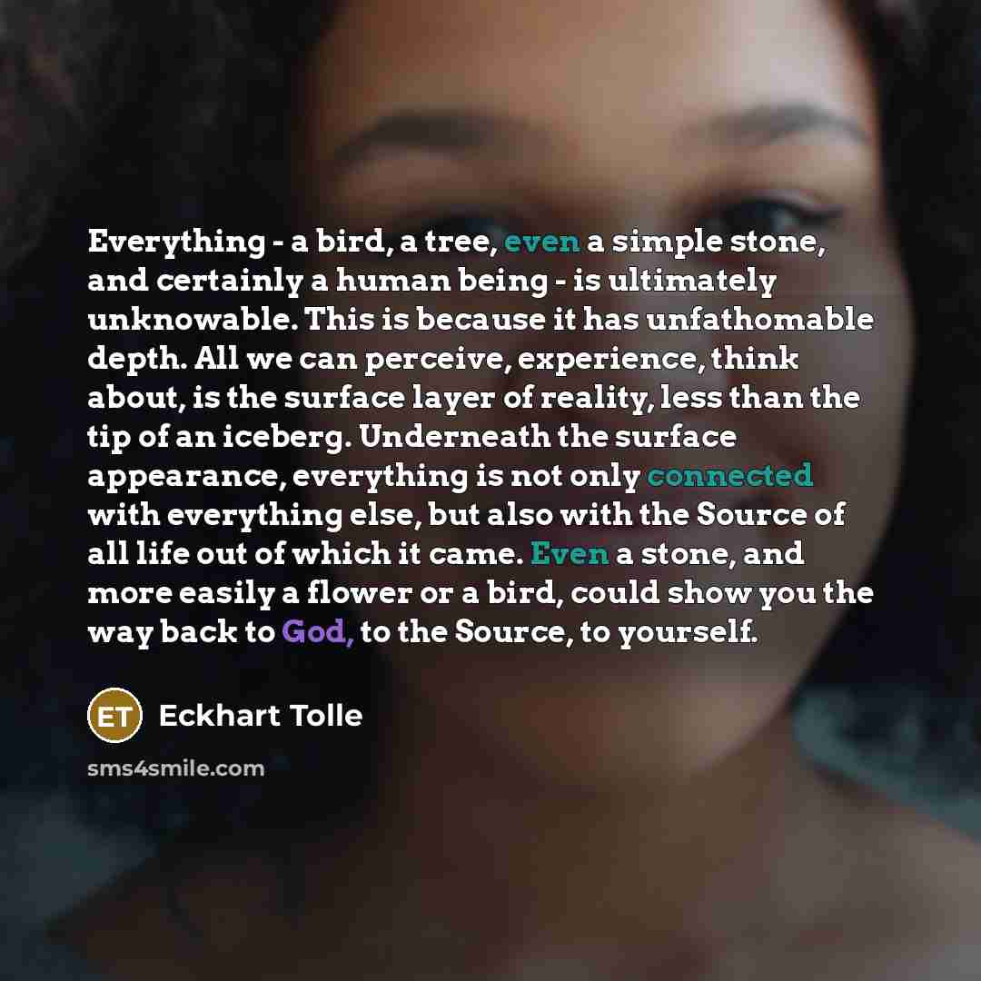 “Everything - a bird, a tree, even a simple stone, and certainly a human being - is ultimately unknowable. This is because it has unfathomable depth. All we can perceive, experience, think about, is the surface layer of reality, less than the tip of an iceberg. Underneath the surface appearance…” quote by Eckhart Tolle