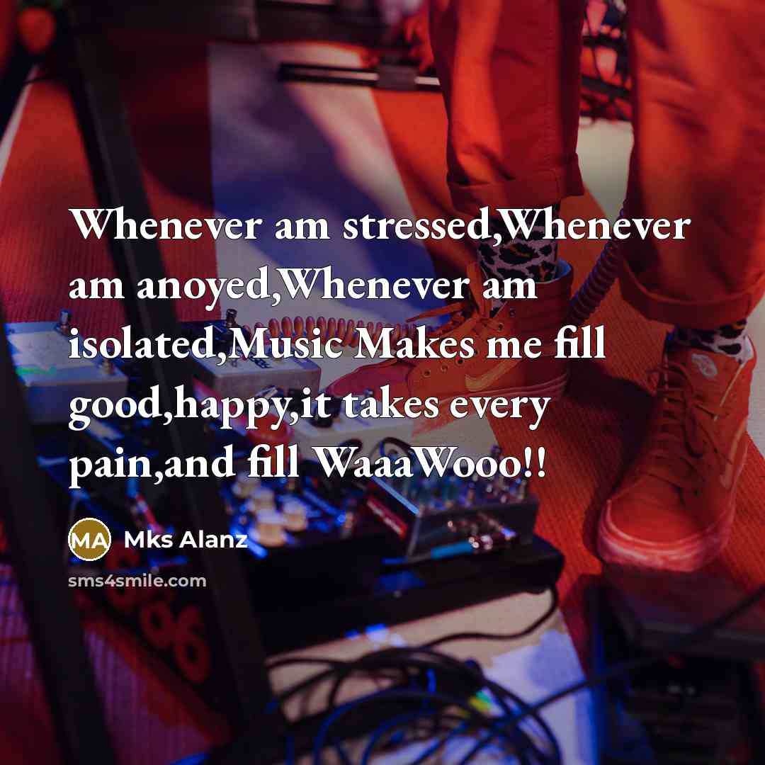 “Whenever am stressed,Whenever am anoyed,Whenever am isolated,Music Makes me fill good,happy,it takes every pain,and fill WaaaWooo!!” quote by Mks Alanz