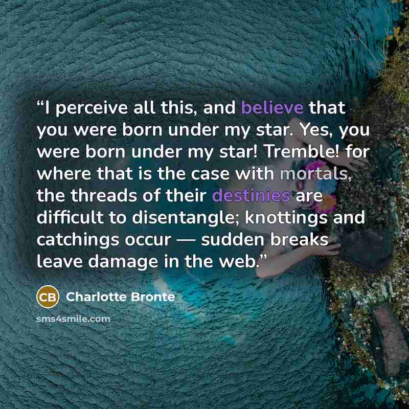 “I perceive all this, and believe that you were born under my star. Yes, you were born under my star! Tremble! for where that is the case with mortals, the threads of their destinies are difficult to disentangle; knottings and catchings occur — sudden breaks leave damage in the web.” quote by Charlotte Brontë