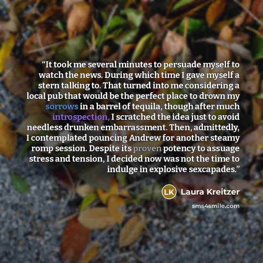 “It took me several minutes to persuade myself to watch the news. During which time I gave myself a stern talking to. That turned into me considering a local pub that would be the perfect place to drown my sorrows in a barrel of tequila, though after much introspection, I scratched the idea just to…” quote by Laura Kreitzer
