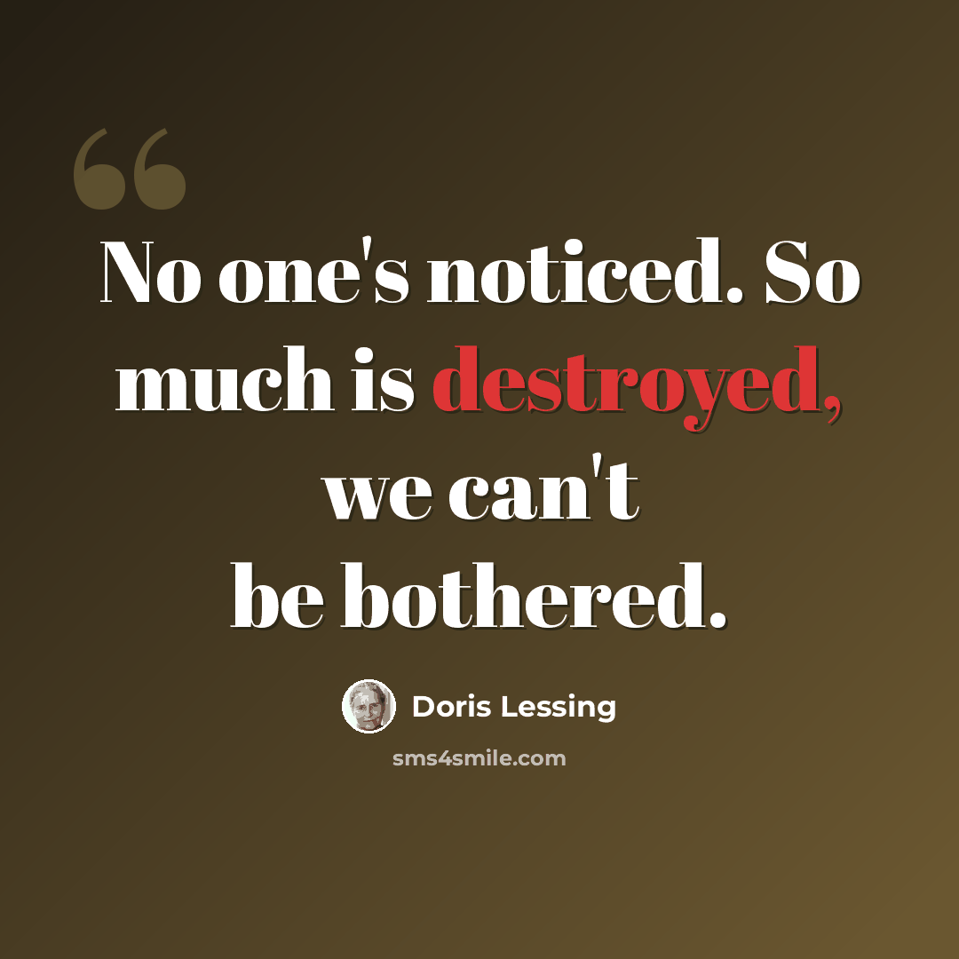 “No one's noticed. So much is destroyed, we can't be bothered.” quote by Doris Lessing