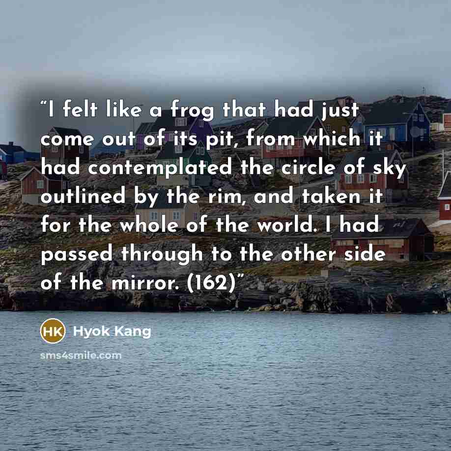 “I felt like a frog that had just come out of its pit, from which it had contemplated the circle of sky outlined by the rim, and taken it for the whole of the world. I had passed through to the other side of the mirror. (162)” quote by Hyok Kang