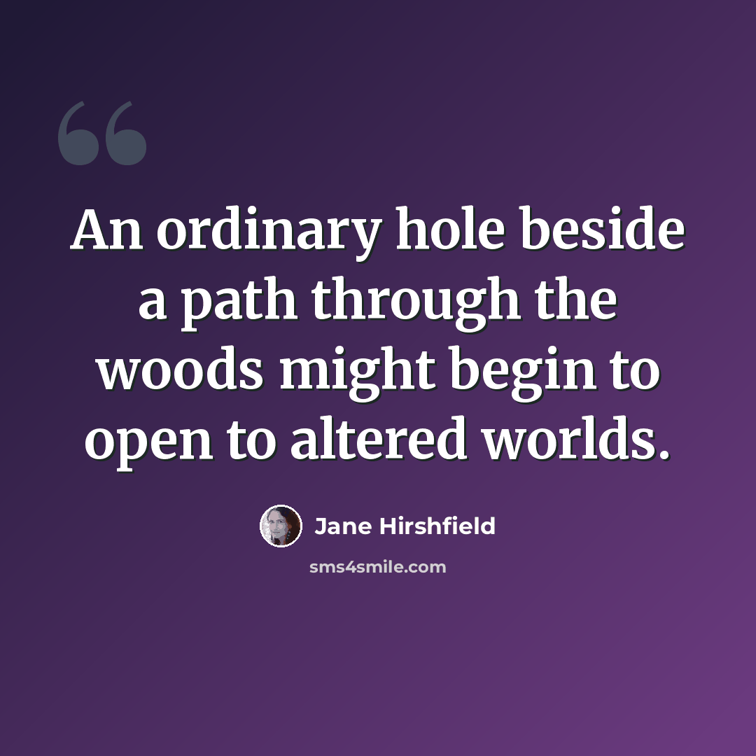 “An ordinary hole beside a path through the woods might begin to open to altered worlds.” quote by Jane Hirshfield