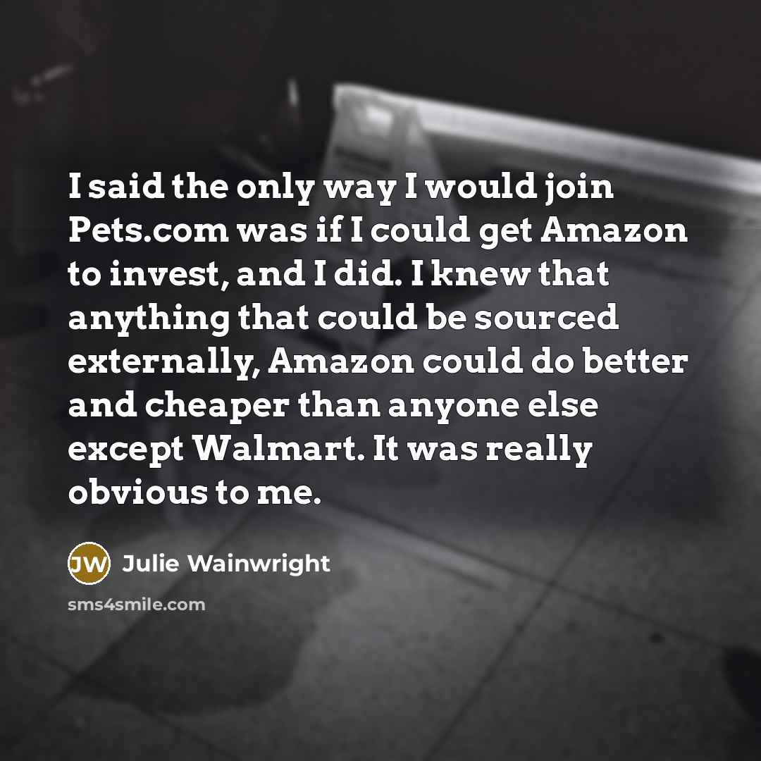 “I said the only way I would join Pets.com was if I could get Amazon to invest, and I did. I knew that anything that could be sourced externally, Amazon could do better and cheaper than anyone else except Walmart. It was really obvious to me.” quote by Julie Wainwright