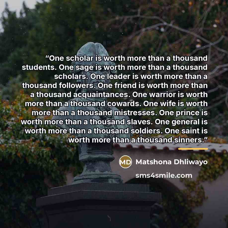 “One scholar is worth more than a thousand students. One sage is worth more than a thousand scholars. One leader is worth more than a thousand followers. One friend is worth more than a thousand acquaintances. One warrior is worth more than a thousand cowards. One wife is worth more than a thousand…” quote by Matshona Dhliwayo