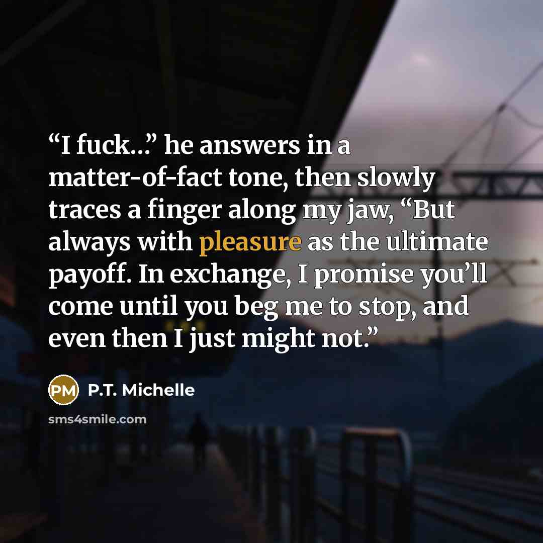 “I fuck…” he answers in a matter-of-fact tone, then slowly traces a finger along my jaw, “But always with pleasure as the ultimate payoff. In exchange, I promise you’ll come until you beg me to stop, and even then I just might not.” quote by P.T. Michelle