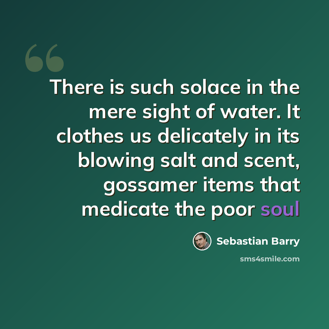 “There is such solace in the mere sight of water. It clothes us delicately in its blowing salt and scent, gossamer items that medicate the poor soul” quote by Sebastian Barry