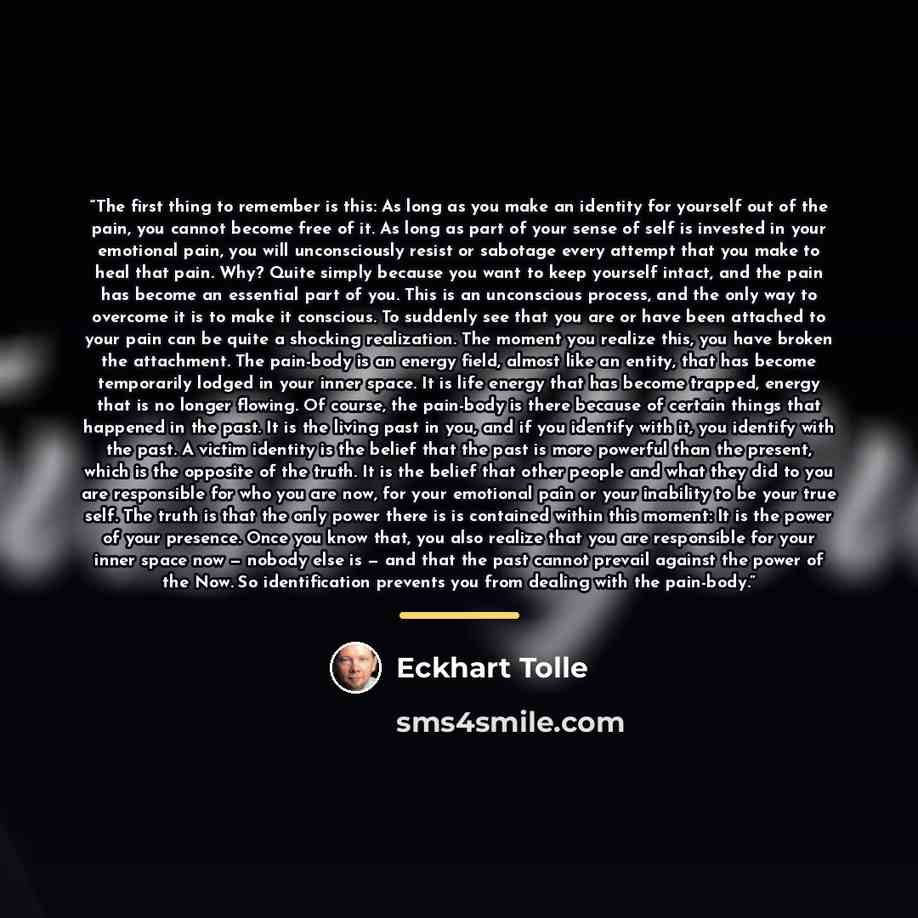 “The first thing to remember is this: As long as you make an identity for yourself out of the pain, you cannot become free of it. As long as part of your sense of self is invested in your emotional pain, you will unconsciously resist or sabotage every attempt that you make to heal that pain. Why?…” quote by Eckhart Tolle