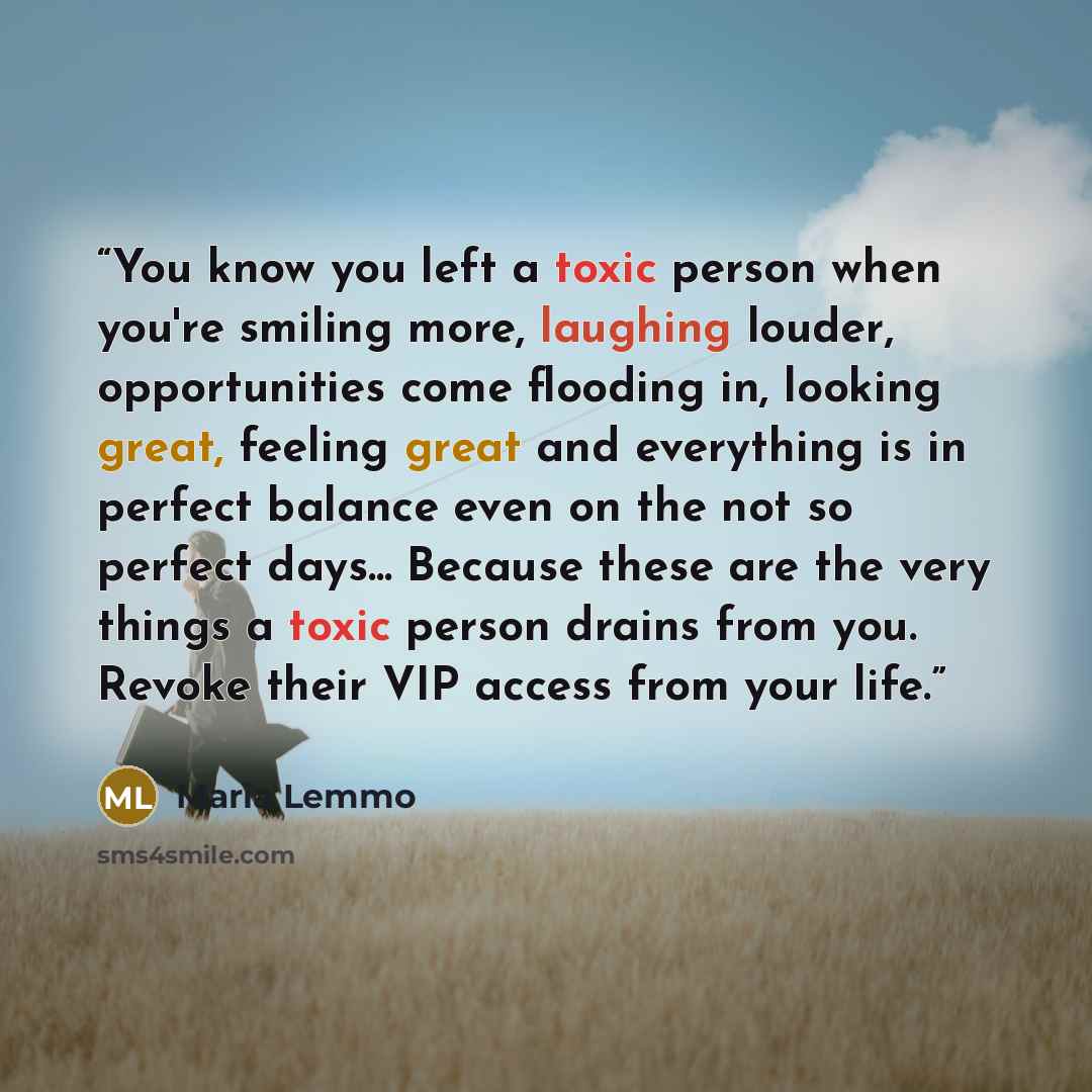“You know you left a toxic person when you're smiling more, laughing louder, opportunities come flooding in, looking great, feeling great and everything is in perfect balance even on the not so perfect days... Because these are the very things a toxic person drains from you. Revoke their VIP access…” quote by Maria Lemmo