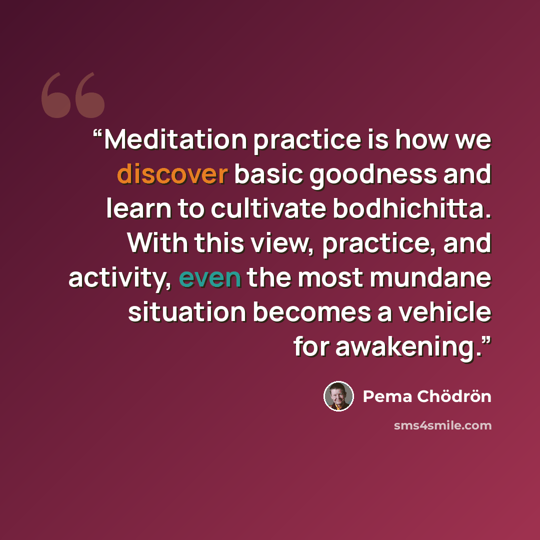 “Meditation practice is how we discover basic goodness and learn to cultivate bodhichitta. With this view, practice, and activity, even the most mundane situation becomes a vehicle for awakening.” quote by Pema Chödrön