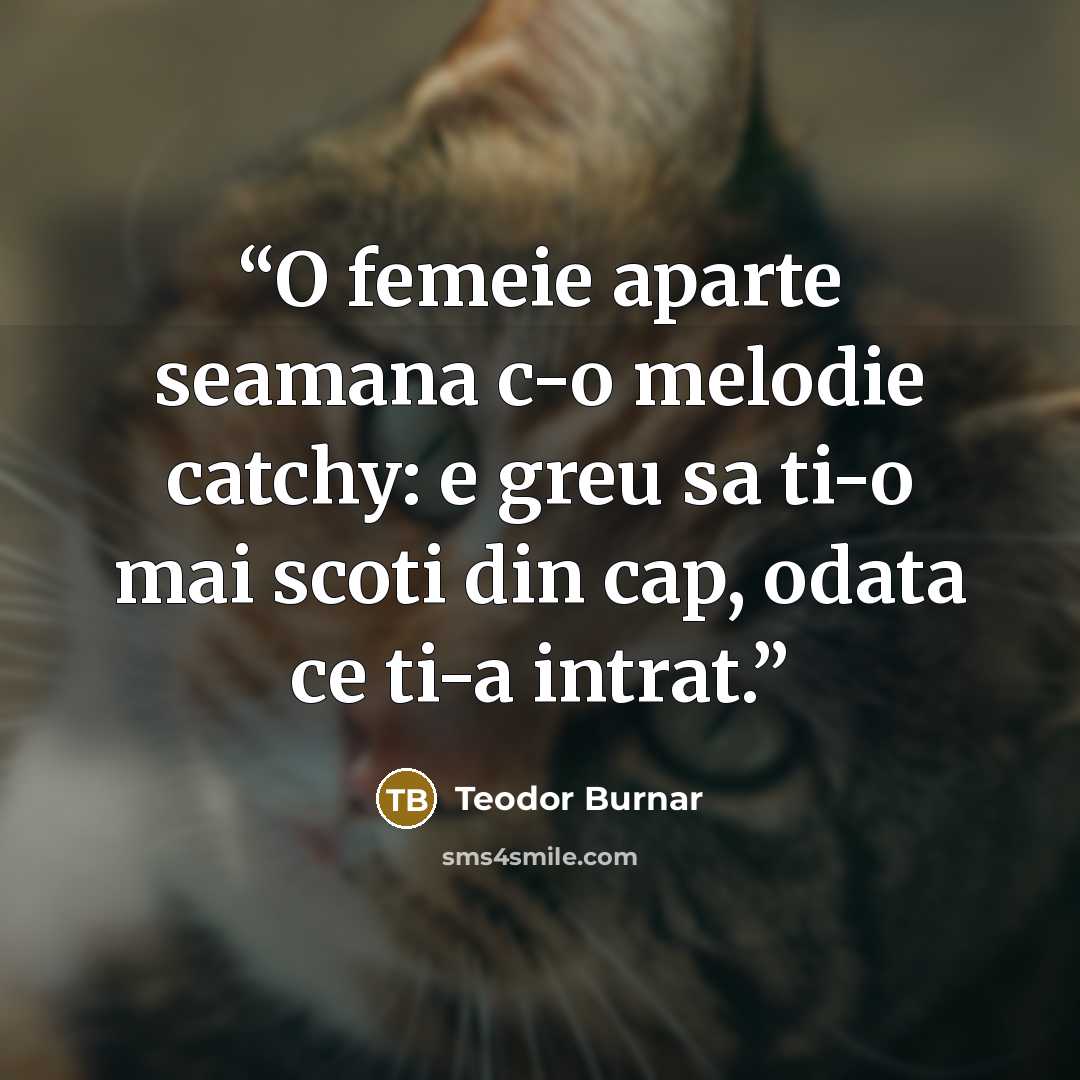 “O femeie aparte seamana c-o melodie catchy: e greu sa ti-o mai scoti din cap, odata ce ti-a intrat.” quote by Teodor Burnar