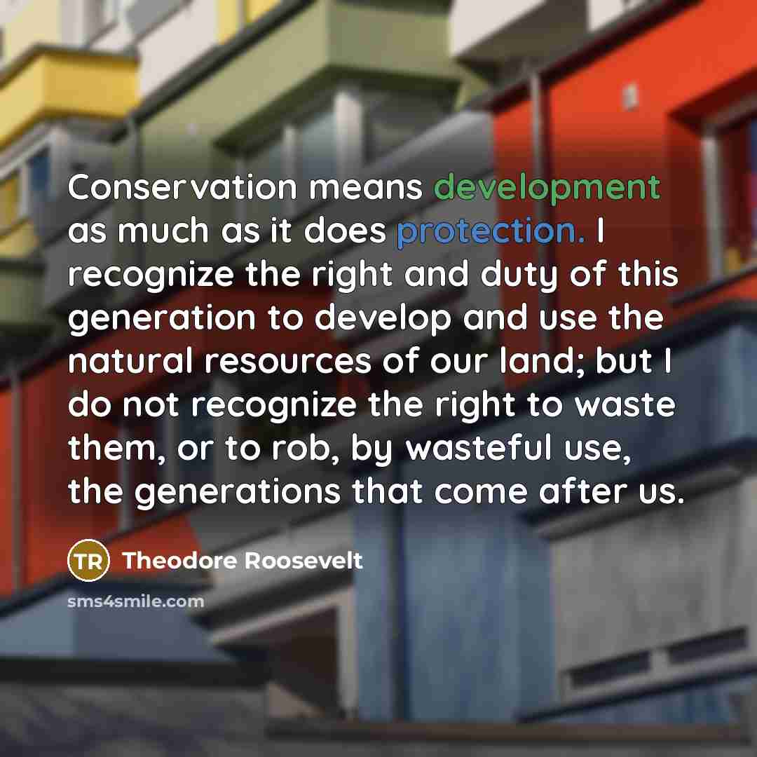 “Conservation means development as much as it does protection. I recognize the right and duty of this generation to develop and use the natural resources of our land; but I do not recognize the right to waste them, or to rob, by wasteful use, the generations that come after us.” quote by Theodore Roosevelt