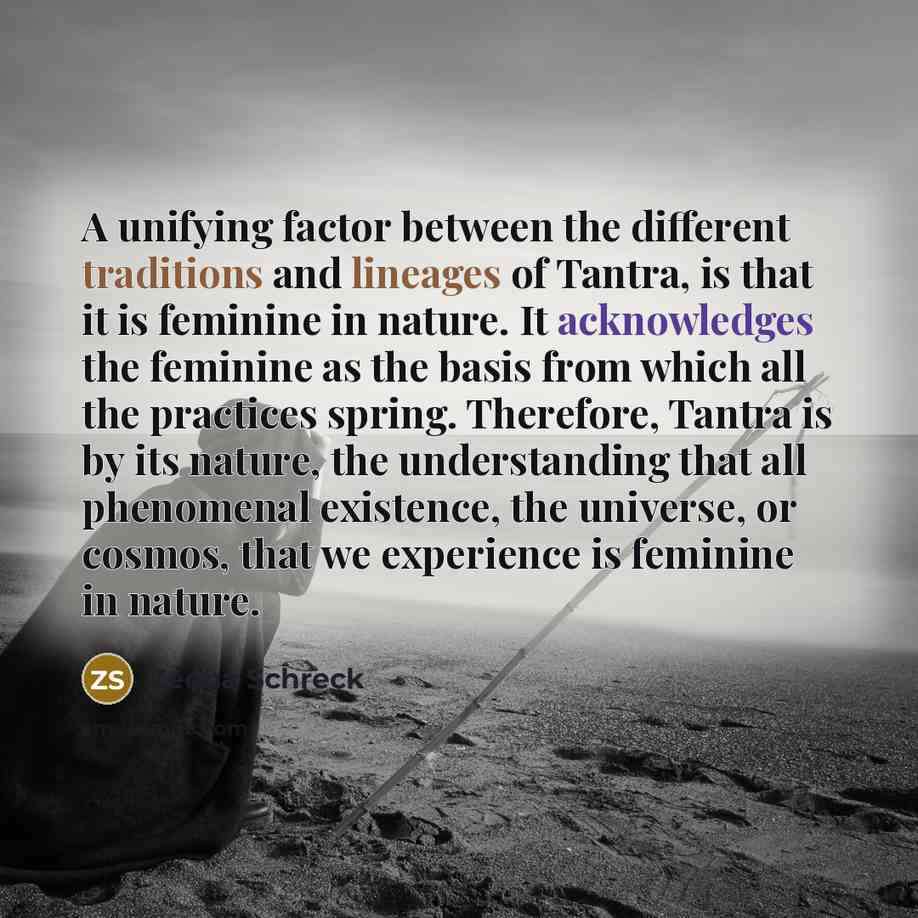 “A unifying factor between the different traditions and lineages of Tantra, is that it is feminine in nature. It acknowledges the feminine as the basis from which all the practices spring. Therefore, Tantra is by its nature, the understanding that all phenomenal existence, the universe, or cosmos…” quote by Zeena Schreck