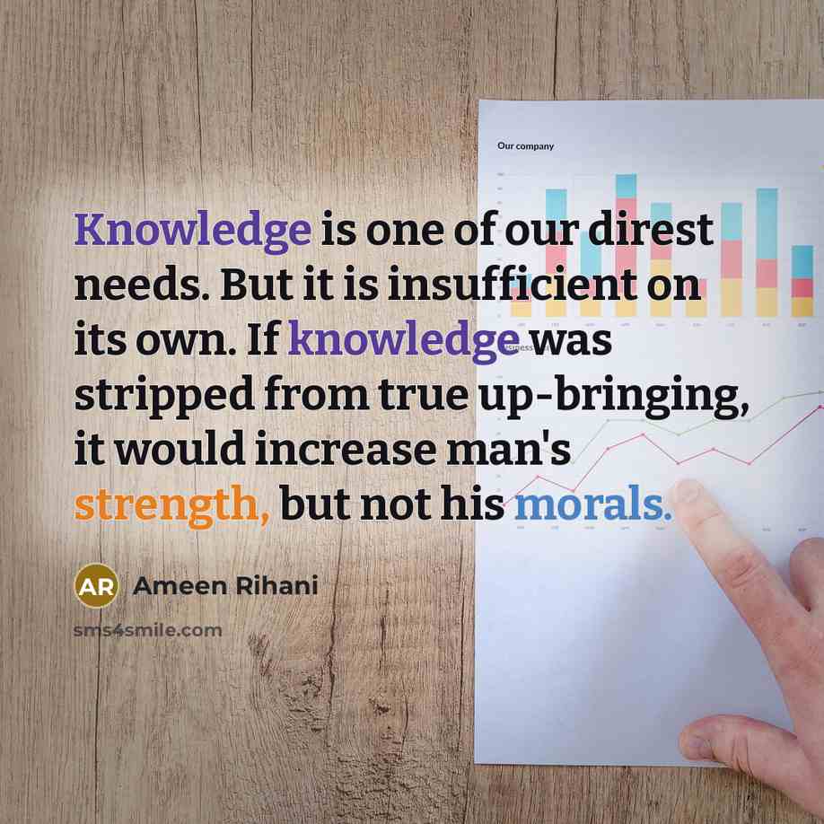 “Knowledge is one of our direst needs. But it is insufficient on its own. If knowledge was stripped from true up-bringing, it would increase man's strength, but not his morals.” quote by Ameen Rihani