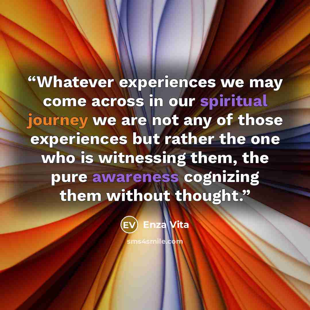“Whatever experiences we may come across in our spiritual journey we are not any of those experiences but rather the one who is witnessing them, the pure awareness cognizing them without thought.” quote by Enza Vita