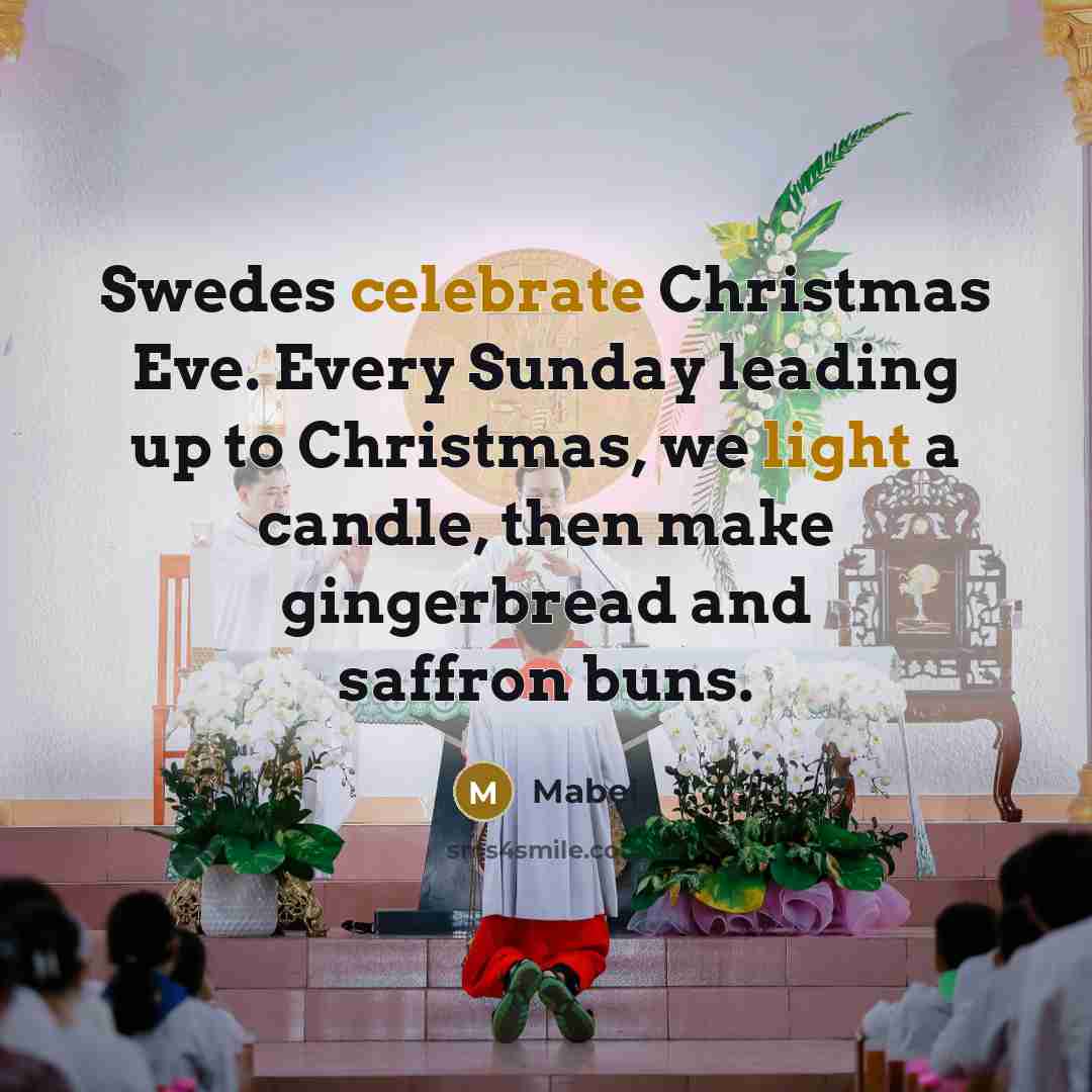 “Swedes celebrate Christmas Eve. Every Sunday leading up to Christmas, we light a candle, then make gingerbread and saffron buns.” quote by Mabel