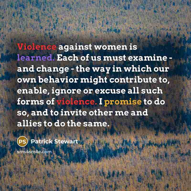 “Violence against women is learned. Each of us must examine - and change - the way in which our own behavior might contribute to, enable, ignore or excuse all such forms of violence. I promise to do so, and to invite other me and allies to do the same.” quote by Patrick Stewart