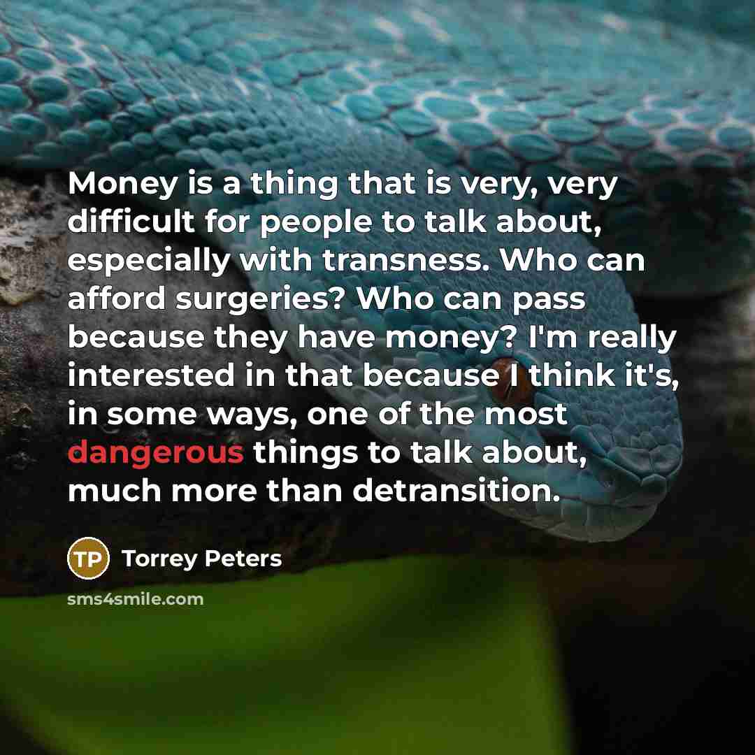 “Money is a thing that is very, very difficult for people to talk about, especially with transness. Who can afford surgeries? Who can pass because they have money? I'm really interested in that because I think it's, in some ways, one of the most dangerous things to talk about, much more than…” quote by Torrey Peters