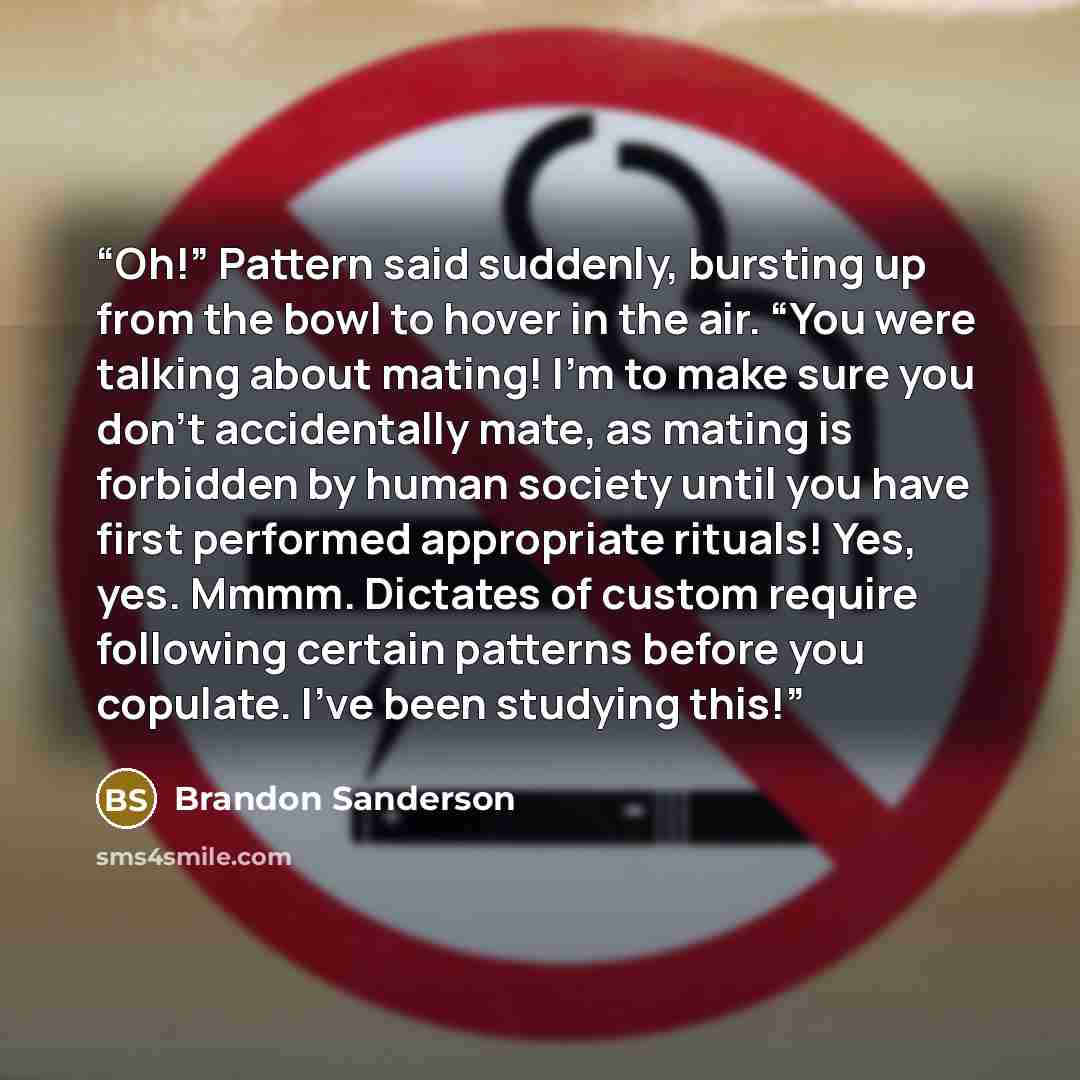 “Oh!” Pattern said suddenly, bursting up from the bowl to hover in the air. “You were talking about mating! I’m to make sure you don’t accidentally mate, as mating is forbidden by human society until you have first performed appropriate rituals! Yes, yes. Mmmm. Dictates of custom require following…” quote by Brandon Sanderson