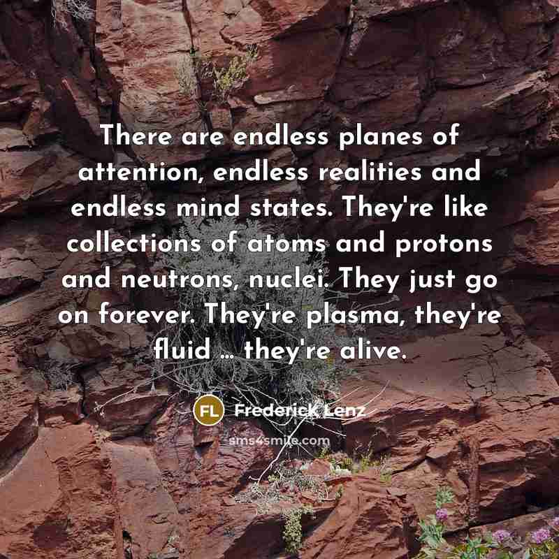 “There are endless planes of attention, endless realities and endless mind states. They're like collections of atoms and protons and neutrons, nuclei. They just go on forever. They're plasma, they're fluid ... they're alive.” quote by Frederick Lenz