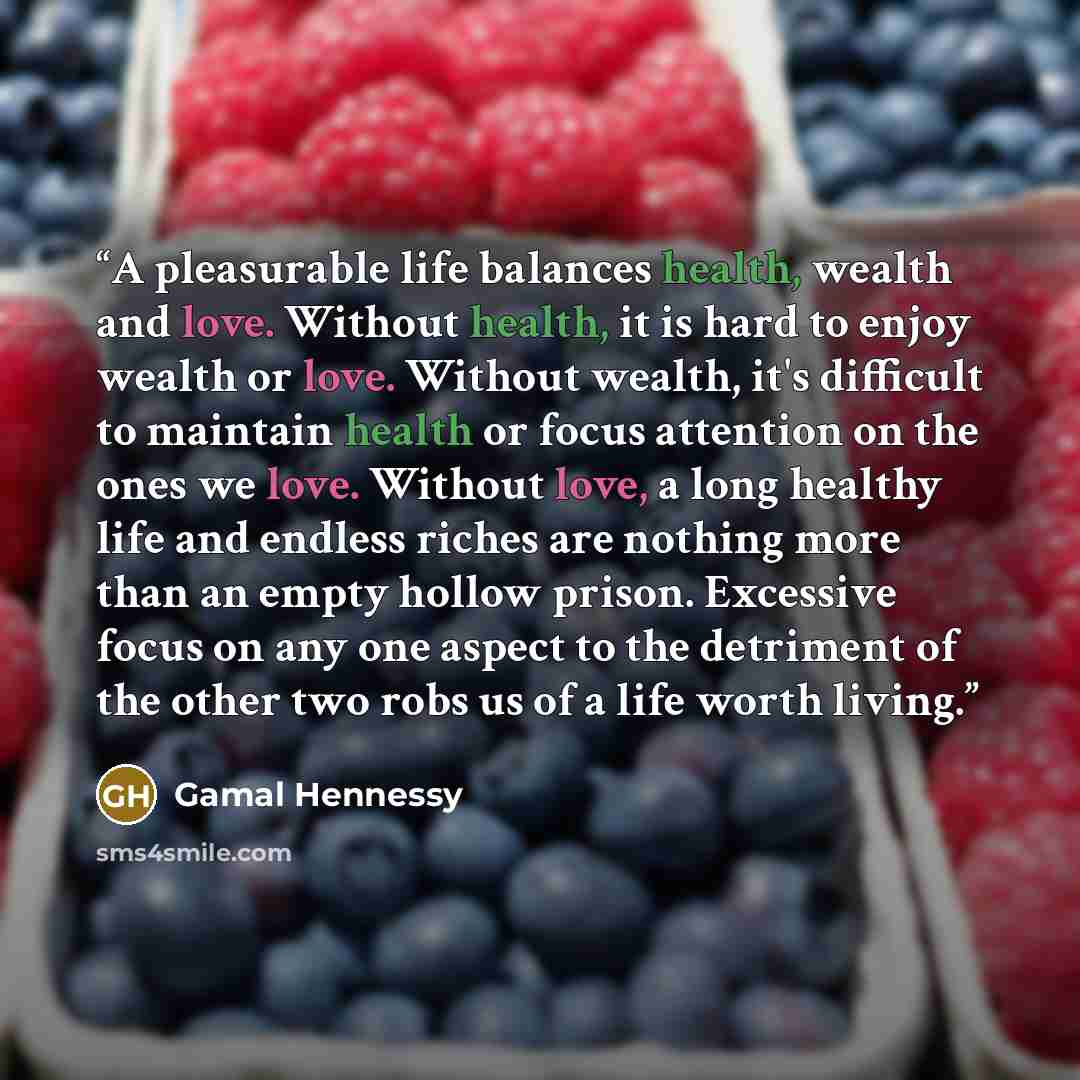 “A pleasurable life balances health, wealth and love. Without health, it is hard to enjoy wealth or love. Without wealth, it's difficult to maintain health or focus attention on the ones we love. Without love, a long healthy life and endless riches are nothing more than an empty hollow prison…” quote by Gamal Hennessy
