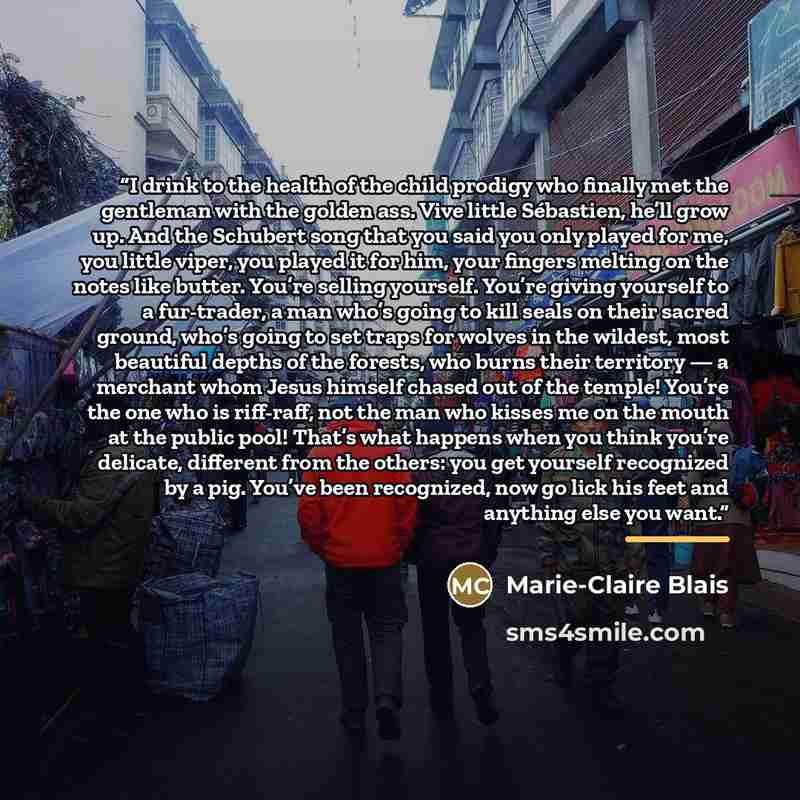 “I drink to the health of the child prodigy who finally met the gentleman with the golden ass. Vive little Sébastien, he’ll grow up. And the Schubert song that you said you only played for me, you little viper, you played it for him, your fingers melting on the notes like butter. You’re selling…” quote by Marie-Claire Blais