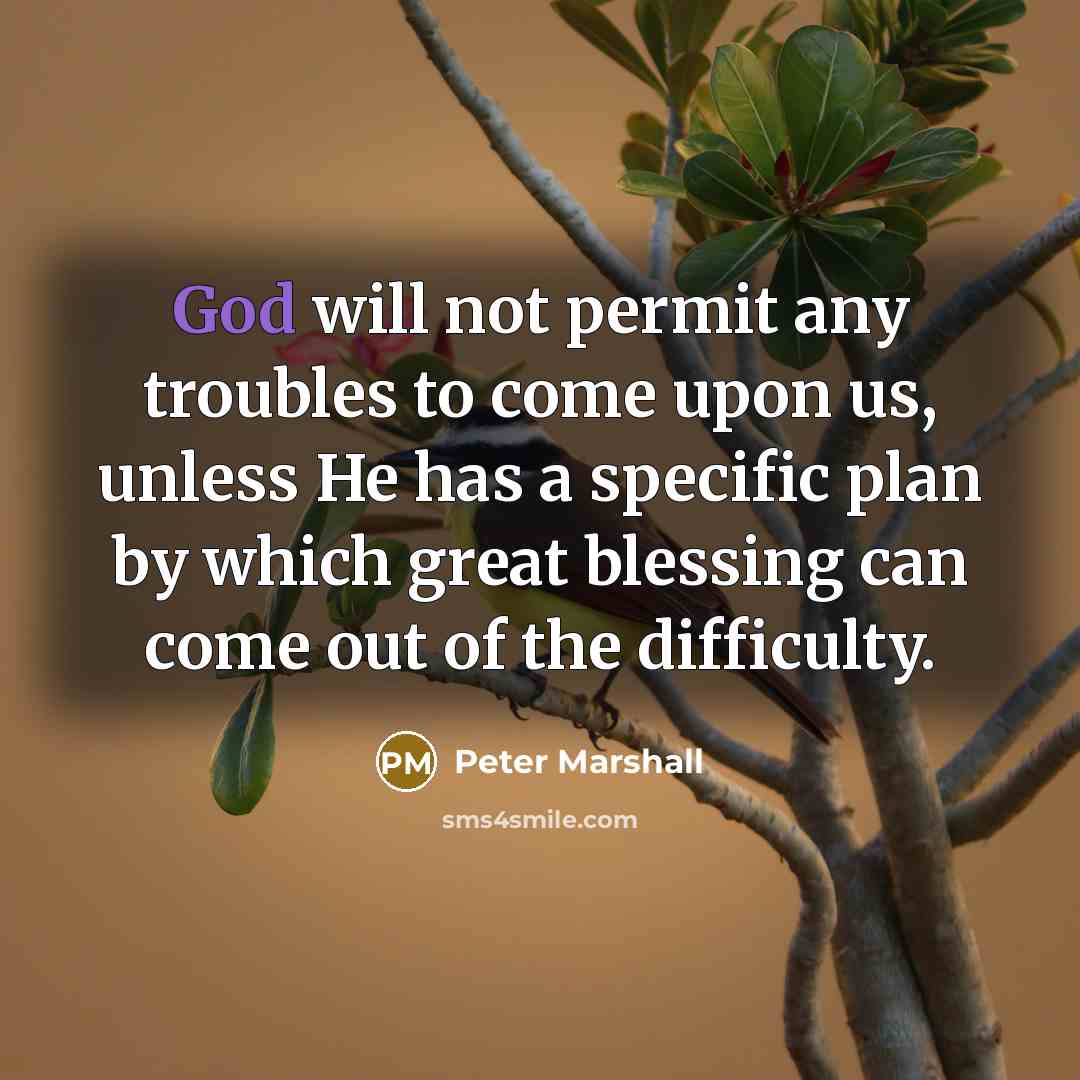 “God will not permit any troubles to come upon us, unless He has a specific plan by which great blessing can come out of the difficulty.” quote by Peter Marshall