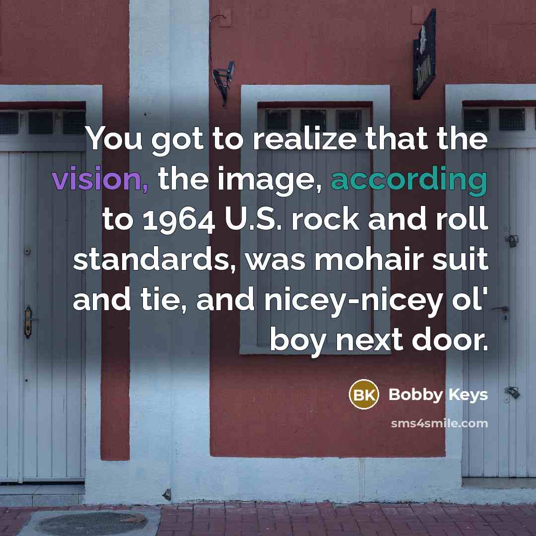 “You got to realize that the vision, the image, according to 1964 U.S. rock and roll standards, was mohair suit and tie, and nicey-nicey ol' boy next door.” quote by Bobby Keys