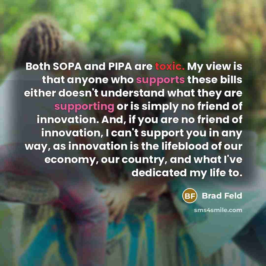 “Both SOPA and PIPA are toxic. My view is that anyone who supports these bills either doesn't understand what they are supporting or is simply no friend of innovation. And, if you are no friend of innovation, I can't support you in any way, as innovation is the lifeblood of our economy, our…” quote by Brad Feld