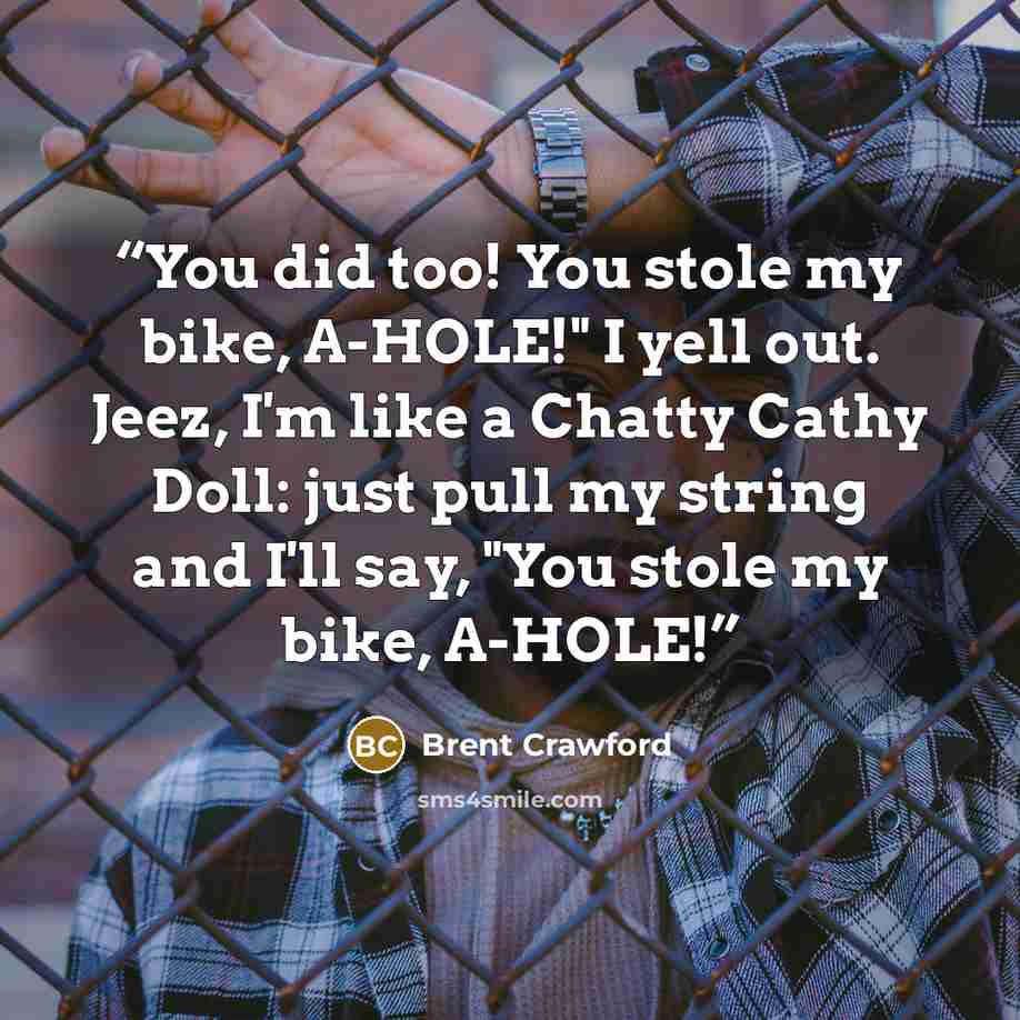 “You did too! You stole my bike, A-HOLE!" I yell out. Jeez, I'm like a Chatty Cathy Doll: just pull my string and I'll say, "You stole my bike, A-HOLE!” quote by Brent Crawford