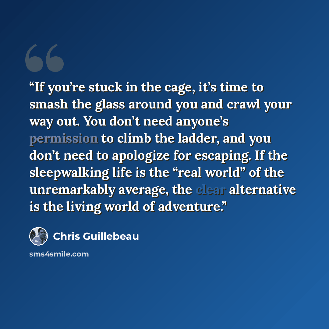 “If you’re stuck in the cage, it’s time to smash the glass around you and crawl your way out. You don’t need anyone’s permission to climb the ladder, and you don’t need to apologize for escaping. If the sleepwalking life is the “real world” of the unremarkably average, the clear alternative is the…” quote by Chris Guillebeau