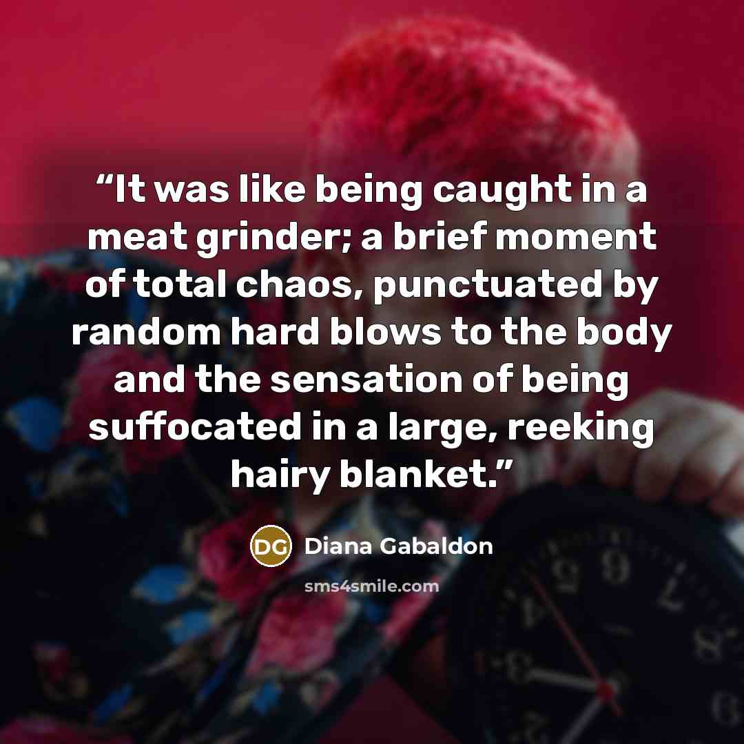 “It was like being caught in a meat grinder; a brief moment of total chaos, punctuated by random hard blows to the body and the sensation of being suffocated in a large, reeking hairy blanket.” quote by Diana Gabaldon