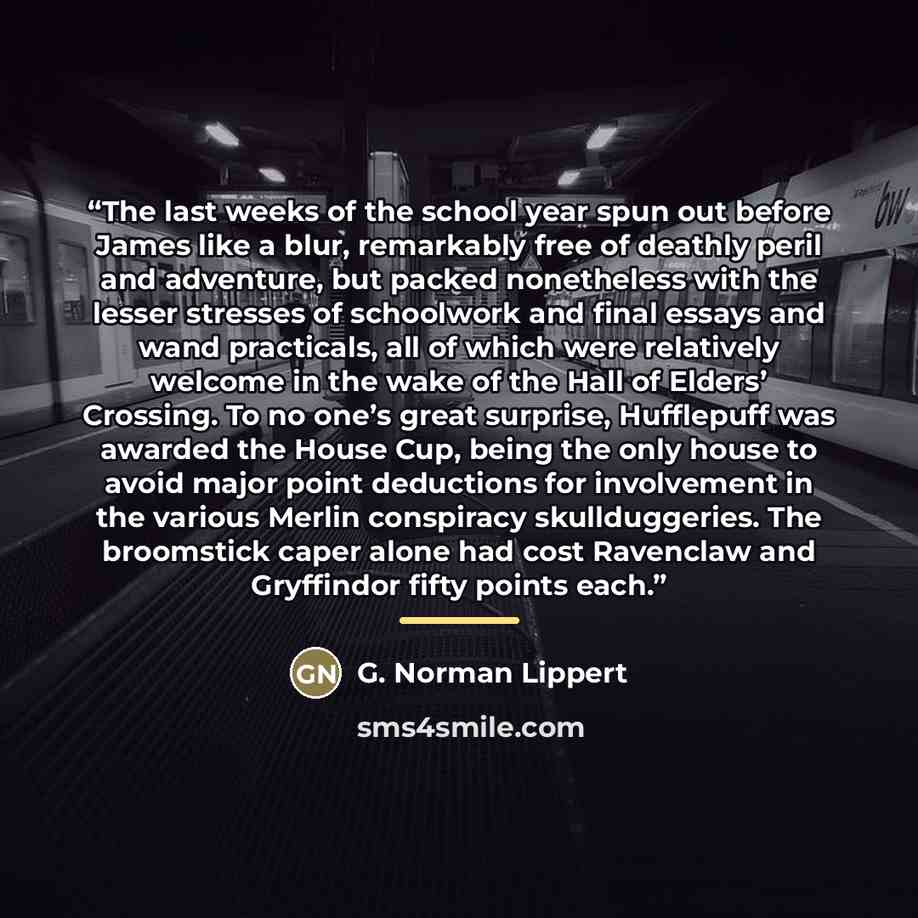 “The last weeks of the school year spun out before James like a blur, remarkably free of deathly peril and adventure, but packed nonetheless with the lesser stresses of schoolwork and final essays and wand practicals, all of which were relatively welcome in the wake of the Hall of Elders’ Crossing…” quote by G. Norman Lippert