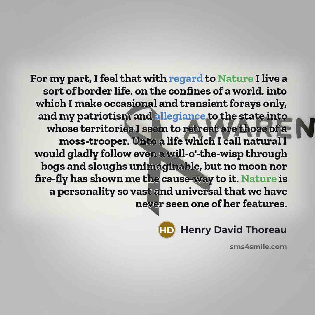 “For my part, I feel that with regard to Nature I live a sort of border life, on the confines of a world, into which I make occasional and transient forays only, and my patriotism and allegiance to the state into whose territories I seem to retreat are those of a moss-trooper. Unto a life which I…” quote by Henry David Thoreau