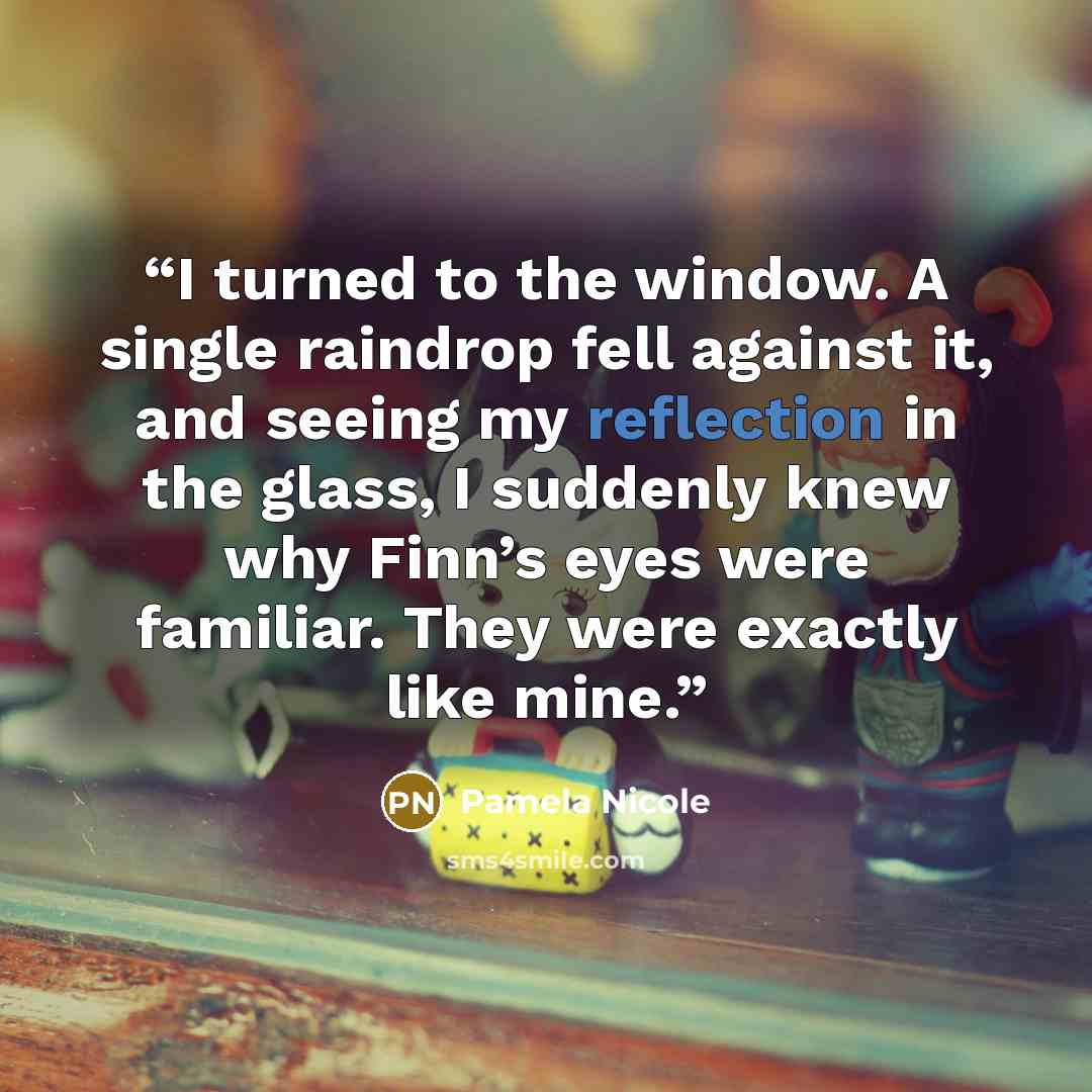 “I turned to the window. A single raindrop fell against it, and seeing my reflection in the glass, I suddenly knew why Finn’s eyes were familiar. They were exactly like mine.” quote by Pamela Nicole