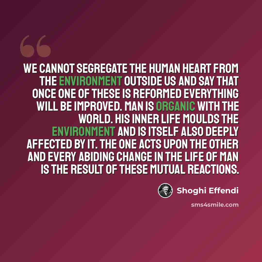 “We cannot segregate the human heart from the environment outside us and say that once one of these is reformed everything will be improved. Man is organic with the world. His inner life moulds the environment and is itself also deeply affected by it. The one acts upon the other and every abiding…” quote by Shoghi Effendi