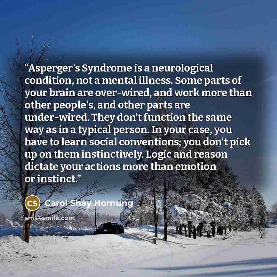 “Asperger's Syndrome is a neurological condition, not a mental illness. Some parts of your brain are over-wired, and work more than other people's, and other parts are under-wired. They don't function the same way as in a typical person. In your case, you have to learn social conventions; you don't…” quote by Carol Shay Hornung