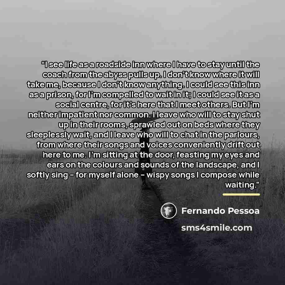 “I see life as a roadside inn where I have to stay until the coach from the abyss pulls up. I don’t know where it will take me, because I don’t know anything. I could see this inn as a prison, for I’m compelled to wait in it; I could see it as a social centre, for it’s here that I meet others. But…” quote by Fernando Pessoa