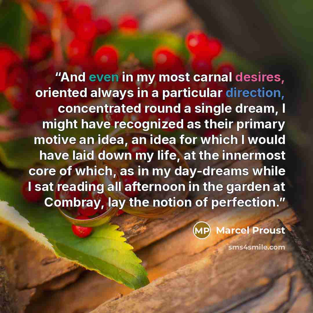 “And even in my most carnal desires, oriented always in a particular direction, concentrated round a single dream, I might have recognized as their primary motive an idea, an idea for which I would have laid down my life, at the innermost core of which, as in my day-dreams while I sat reading all…” quote by Marcel Proust