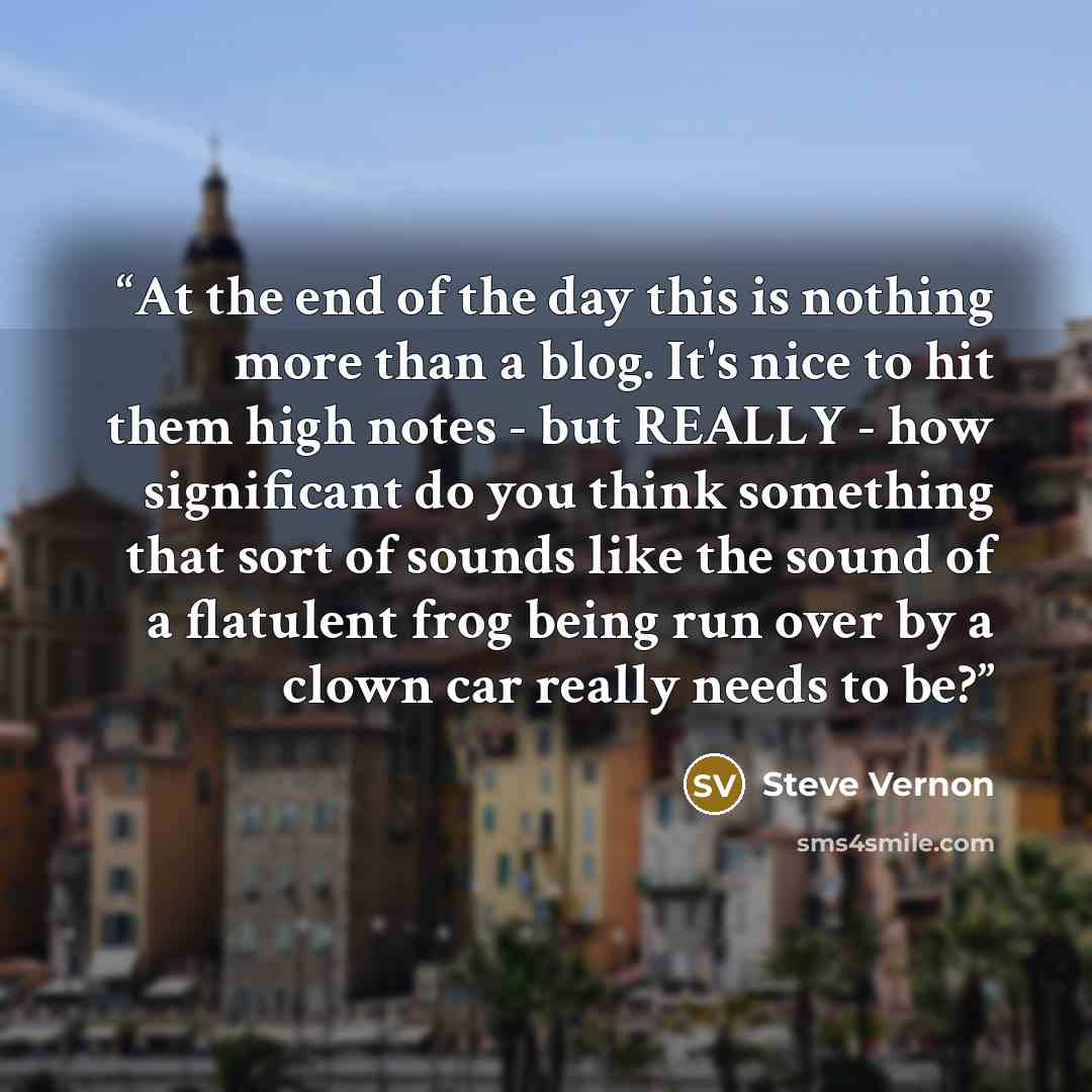 “At the end of the day this is nothing more than a blog. It's nice to hit them high notes - but REALLY - how significant do you think something that sort of sounds like the sound of a flatulent frog being run over by a clown car really needs to be?” quote by Steve Vernon