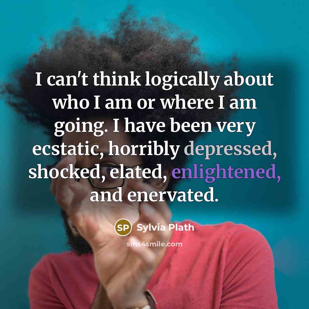 “I can't think logically about who I am or where I am going. I have been very ecstatic, horribly depressed, shocked, elated, enlightened, and enervated.” quote by Sylvia Plath